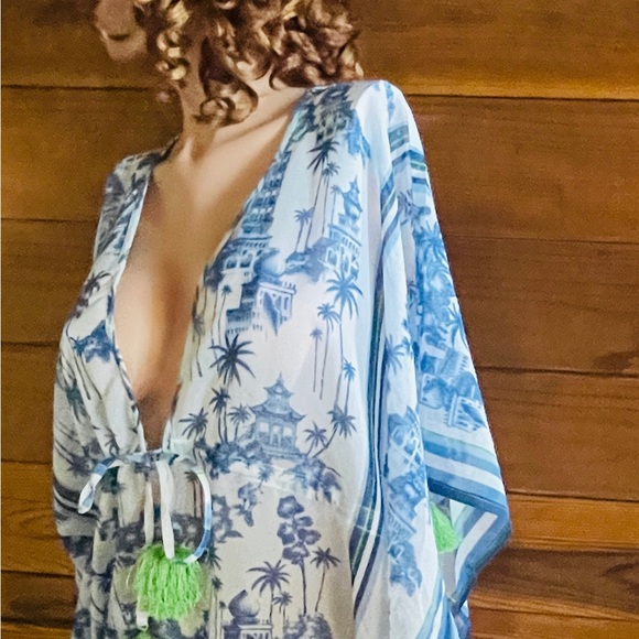 NWT Violet Sky Moroccan Travel Postcard Print Swimsuit Cover-Up Caftan M AS-IS - Picture 9 of 16